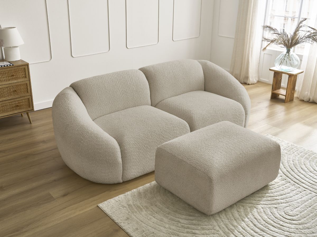 Bobochic Tina Sofa 3-Sitzer mit Pouf Bouclé-Stoff Beige