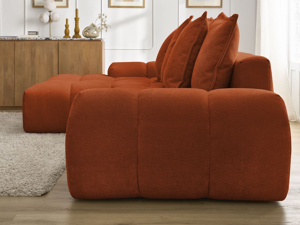 Bobochic Everest Ecksofa mit Schlaffunktion und Bettkasten 318 × 180 cm, 7 Kissen Strukturstoff Orange Ecke links