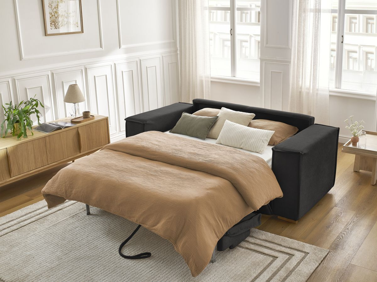 Bobochic Chelsea Schlafsofa 3-Sitzer Strukturstoff Schwarz, Liegefläche 140 × 200 cm