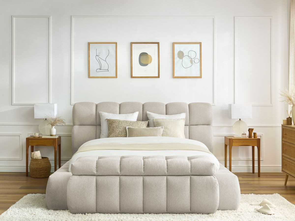 Bobochic Mont-blanc Polsterbett mit Bettkasten mit Bettbank Stoff Beige, Liegefläche 140 × 190 cm