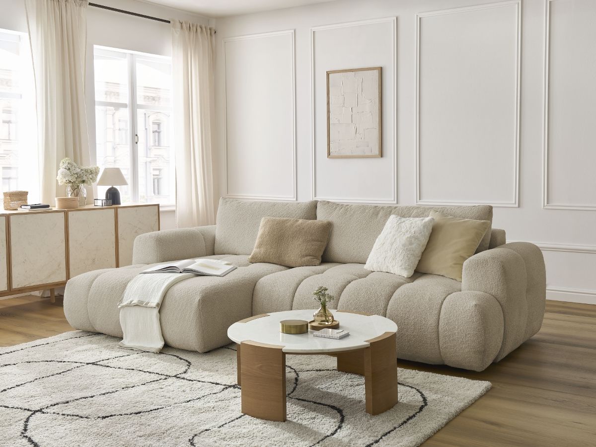 Bobochic Fuji Ecksofa mit Schlaffunktion und Bettkasten 292 × 160 cm Bouclé-Stoff Beige Ecke links