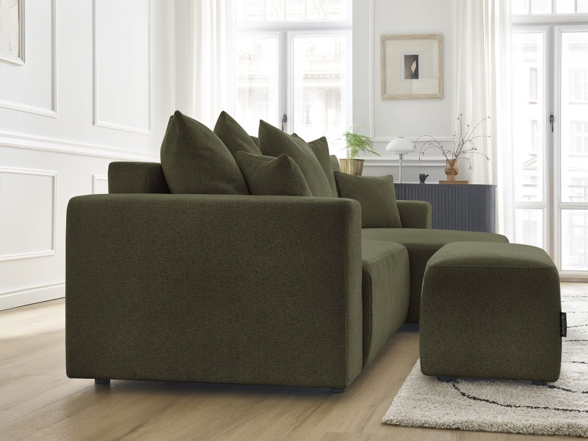 Bobochic Atilla Ecksofa mit Schlaffunktion und Bettkasten und Pouf Melange-Stoff Grün Ecke rechts