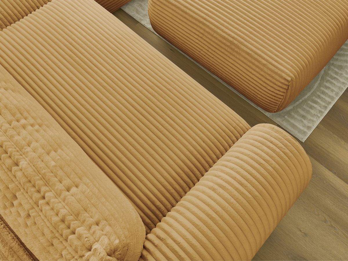 Bobochic Lucien Ecksofa mit Schlaffunktion und Bettkasten und Pouf 314 × 167 cm Breitcord weich Gelb Ecke rechts