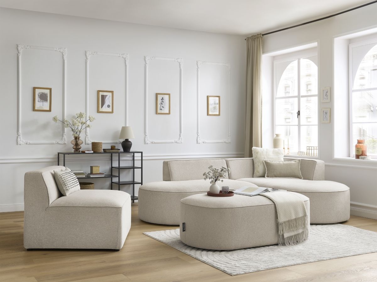 Bobochic Rousseau Ecksofa mit Sofamodul und Pouf Melange-Stoff Beige Ecke rechts