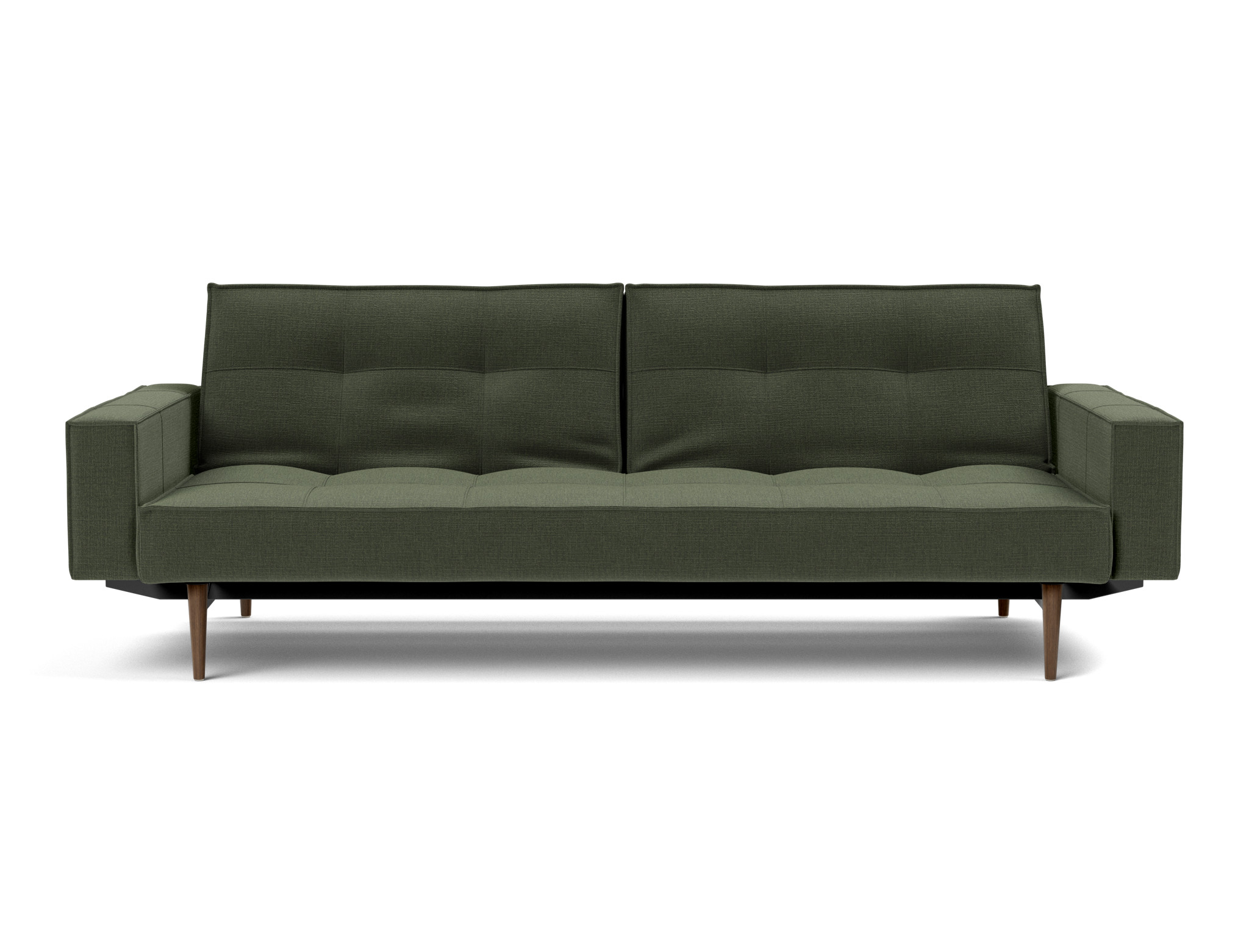 Schlafsofa Splitback mit Armlehnen Chenille Esina 413-Olive-Green Beine Styletto Eiche dunkel