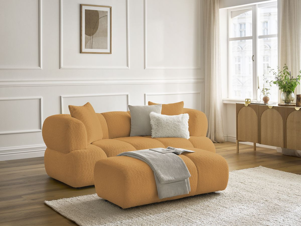 Bobochic Pamira Sofa 2-Sitzer mit Pouf Bouclé-Stoff Gelb