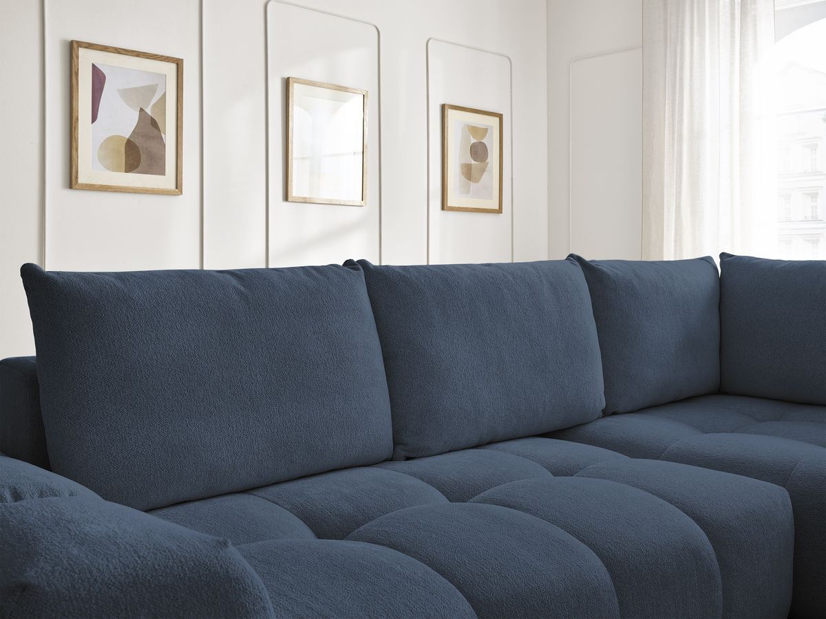 Bobochic Everest Ecksofa mit Schlaffunktion und Bettkasten 320 × 212 cm, 5 Kissen Melange-Stoff Dunkelblau Ecke rechts