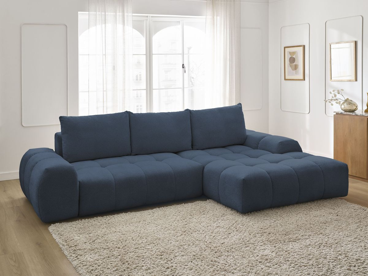 Bobochic Everest Ecksofa mit Schlaffunktion und Bettkasten 318 × 180 cm, 3 Kissen Melange-Stoff Dunkelblau Ecke rechts