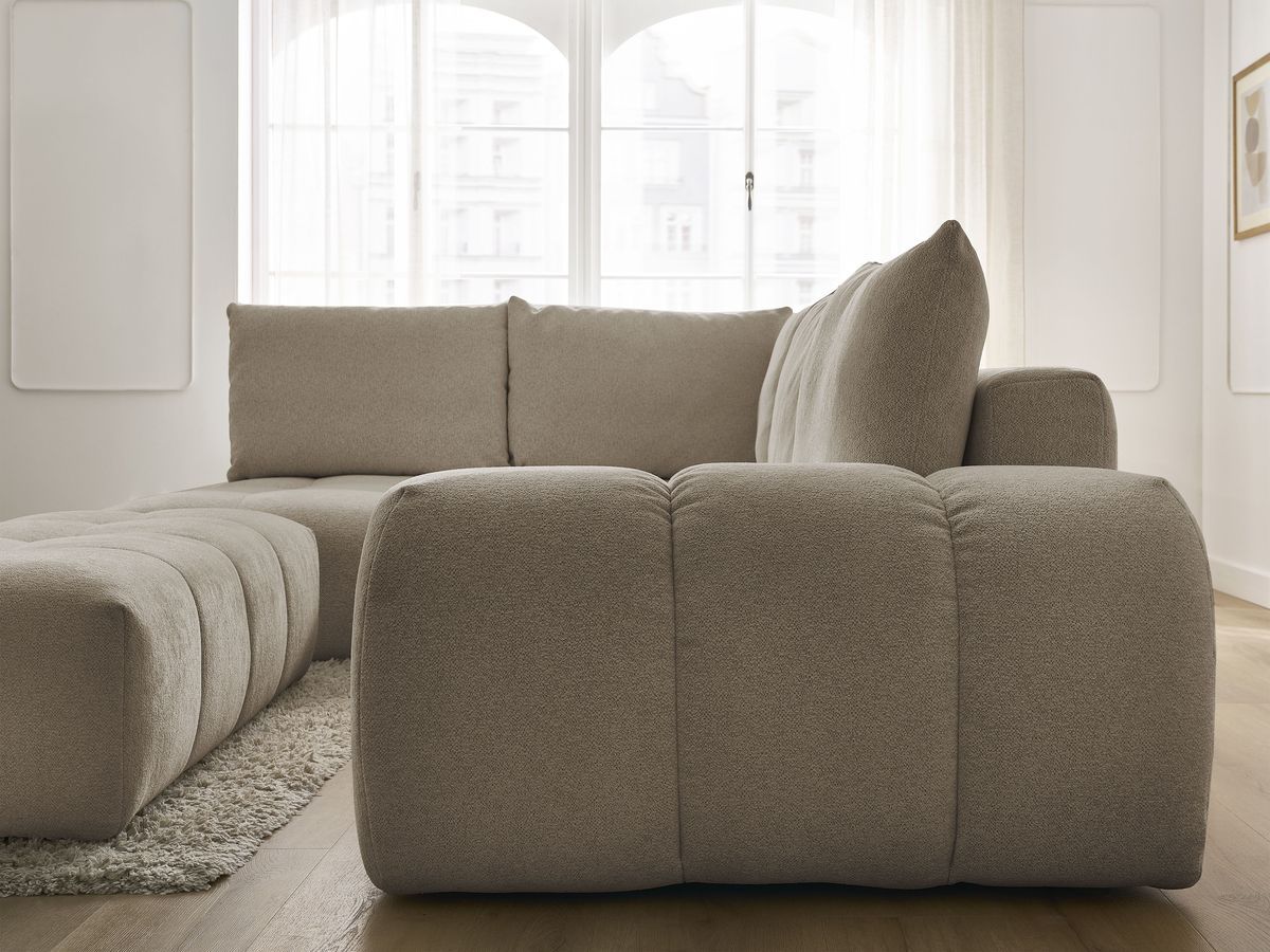 Bobochic Everest Ecksofa mit Schlaffunktion und Bettkasten und Pouf 320 × 212 cm, 5 Kissen Melange-Stoff Taupe Ecke links