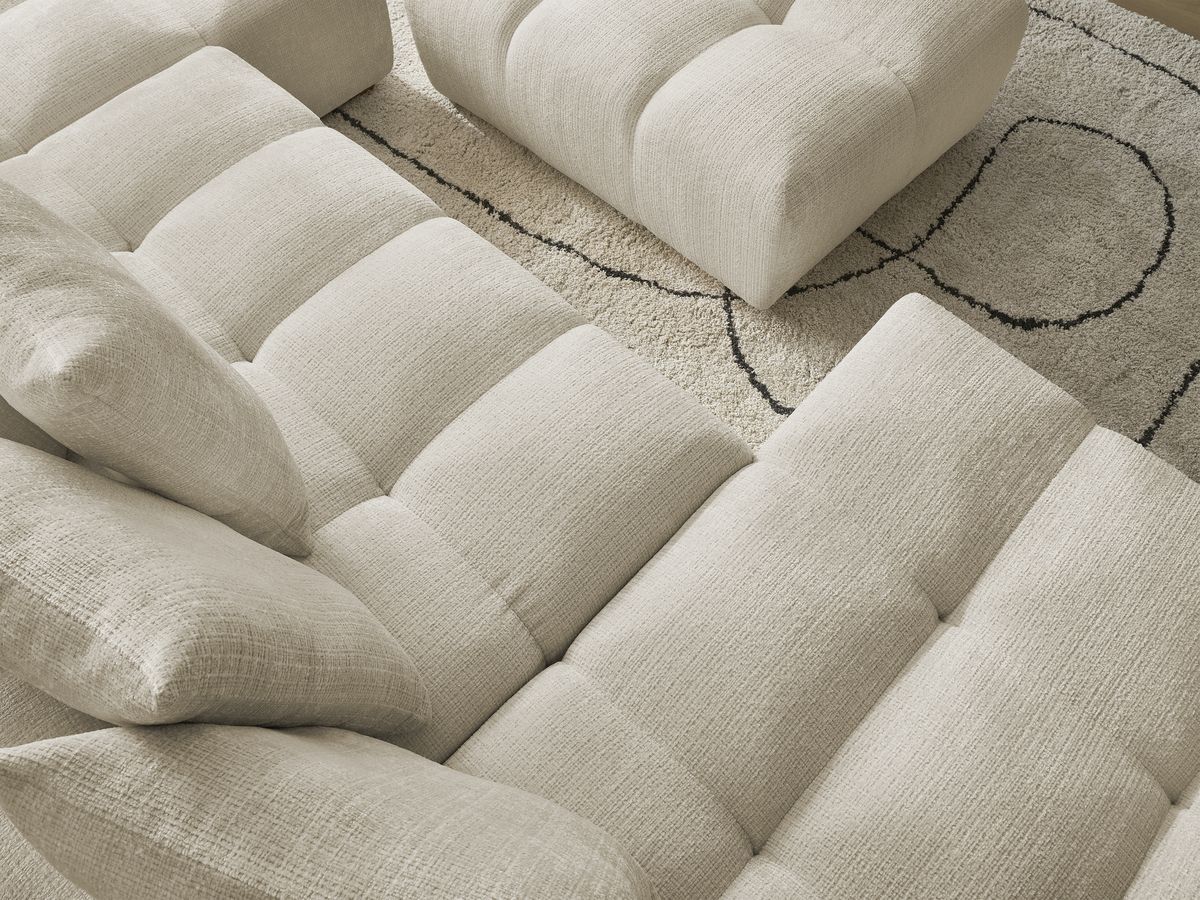 Bobochic Anakin Wohnlandschaft mit Pouf, Liegefläche 137 × 382 cm, 10 Kissen Strukturstoff Beige
