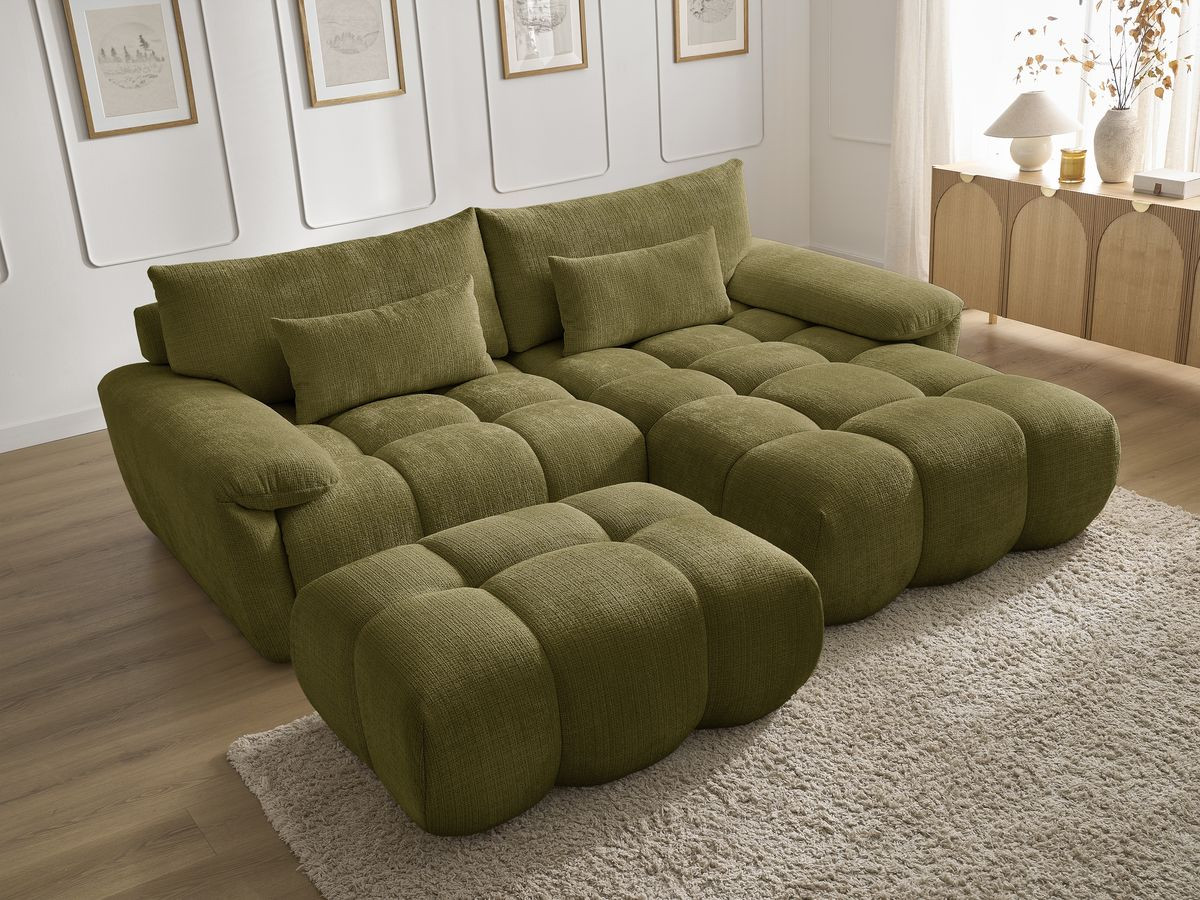 Bobochic Ivane Ecksofa mit Pouf Strukturstoff Grün Ecke rechts