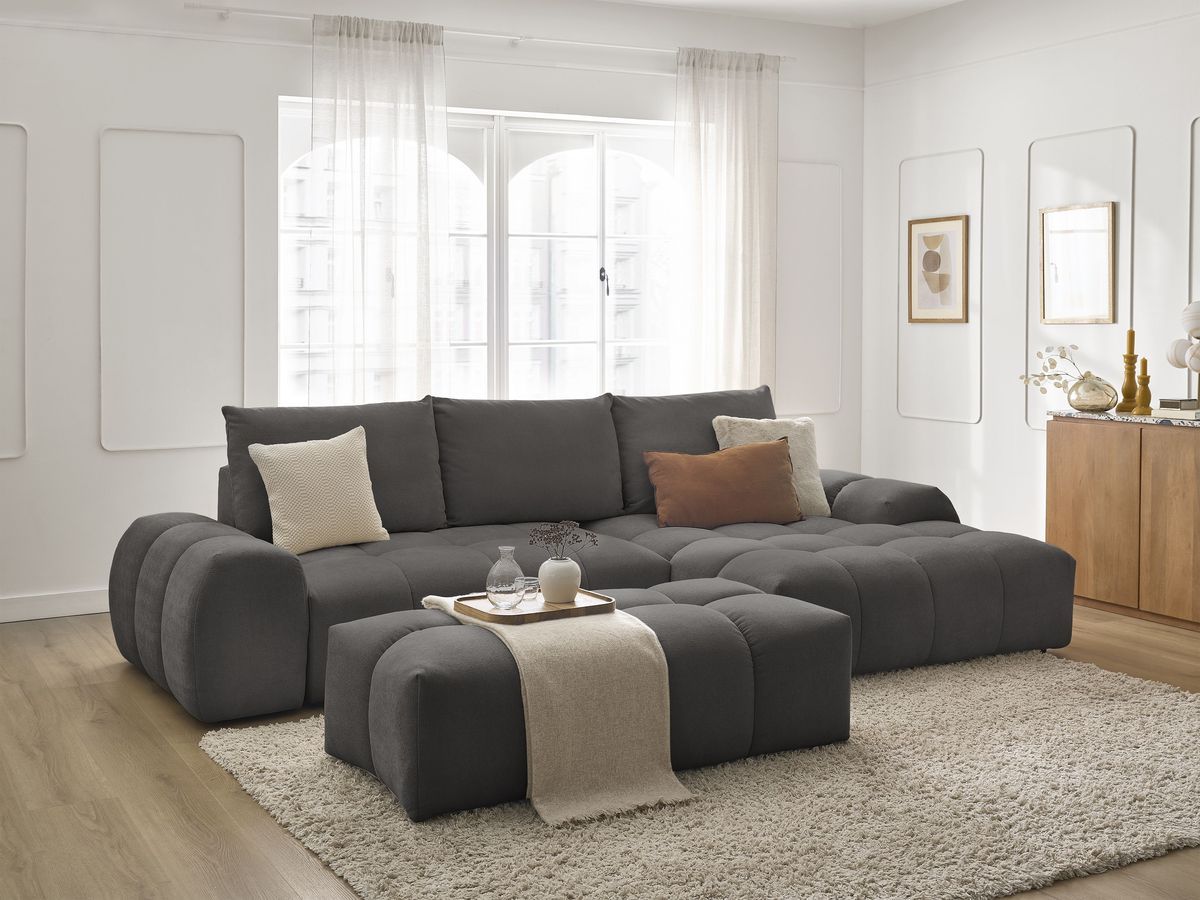 Bobochic Everest Ecksofa mit Schlaffunktion und Bettkasten und Pouf 318 × 180 cm, 3 Kissen Strukturstoff Dunkelgrau Ecke rechts