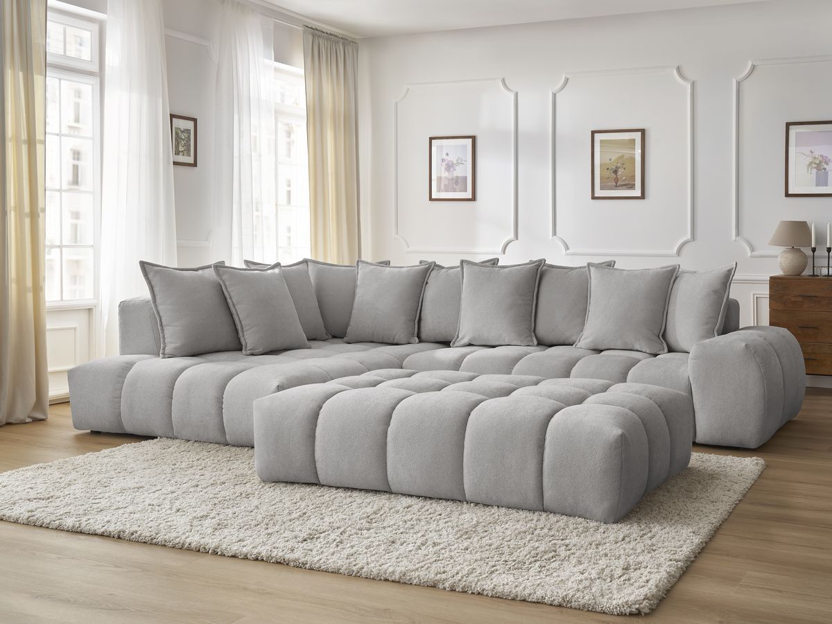 Bobochic Everest Ecksofa mit Schlaffunktion und Pouf, 10 Kissen Strukturstoff Hellgrau Ecke links