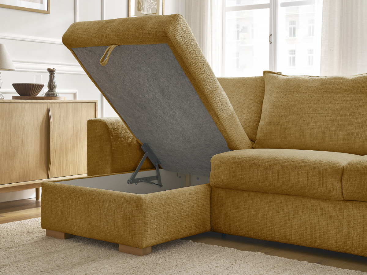 Bobochic Augustin Ecksofa mit Schlaffunktion und Bettkasten Strukturstoff Gelb, Liegefläche 140 × 200 cm
