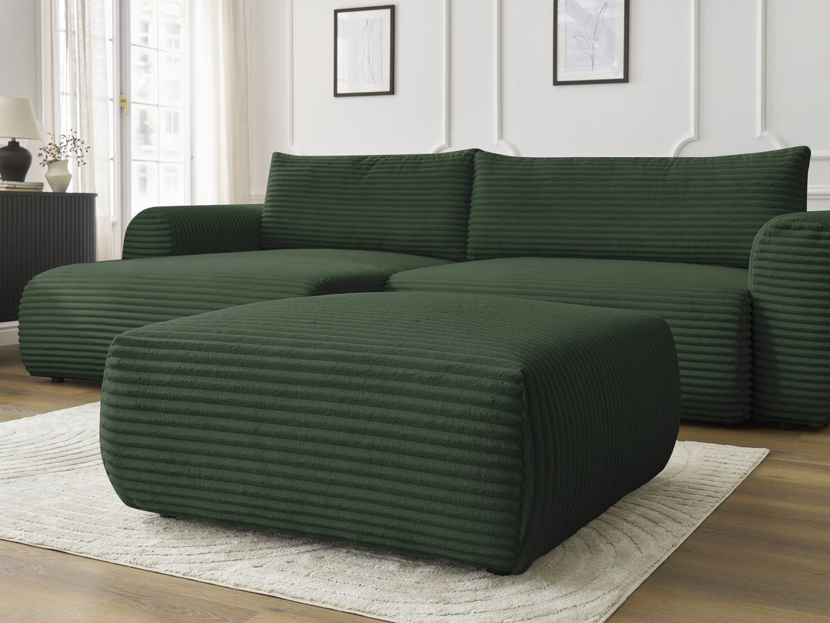 Bobochic Lucien Ecksofa mit Schlaffunktion und Bettkasten und Pouf 314 × 167 cm Breitcord weich Grün Ecke links