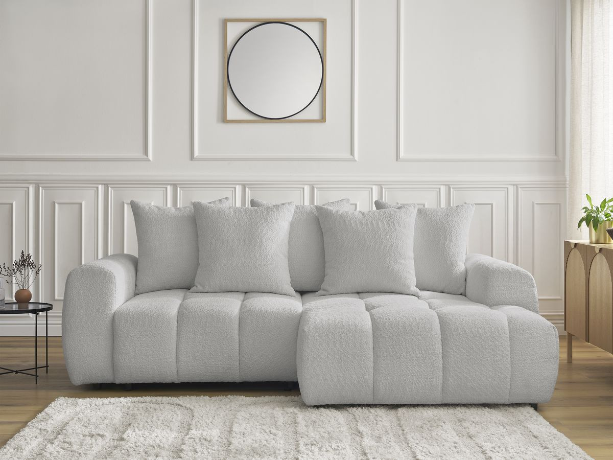 Bobochic Roxelane Ecksofa mit Schlaffunktion und Bettkasten 258 × 150 cm Bouclé-Stoff Hellgrau Ecke rechts