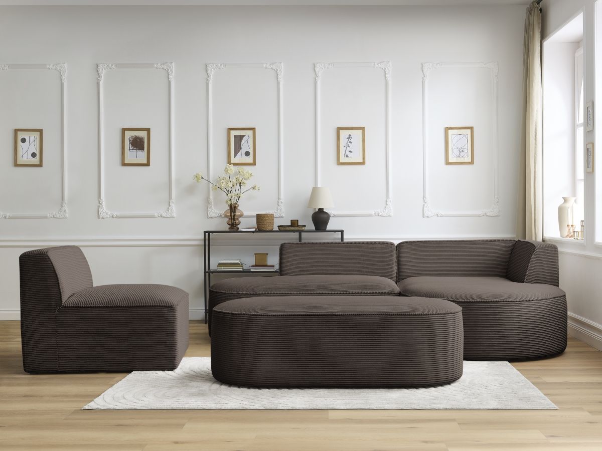 Bobochic Rousseau Ecksofa mit Sofamodul und Pouf Cordsamt Braun Ecke rechts
