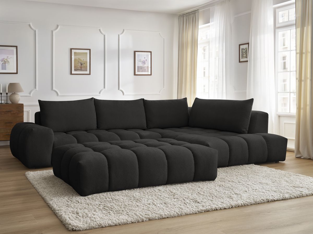 Bobochic Everest Ecksofa mit Schlaffunktion und Pouf, 4 Kissen Strukturstoff Schwarz Ecke rechts