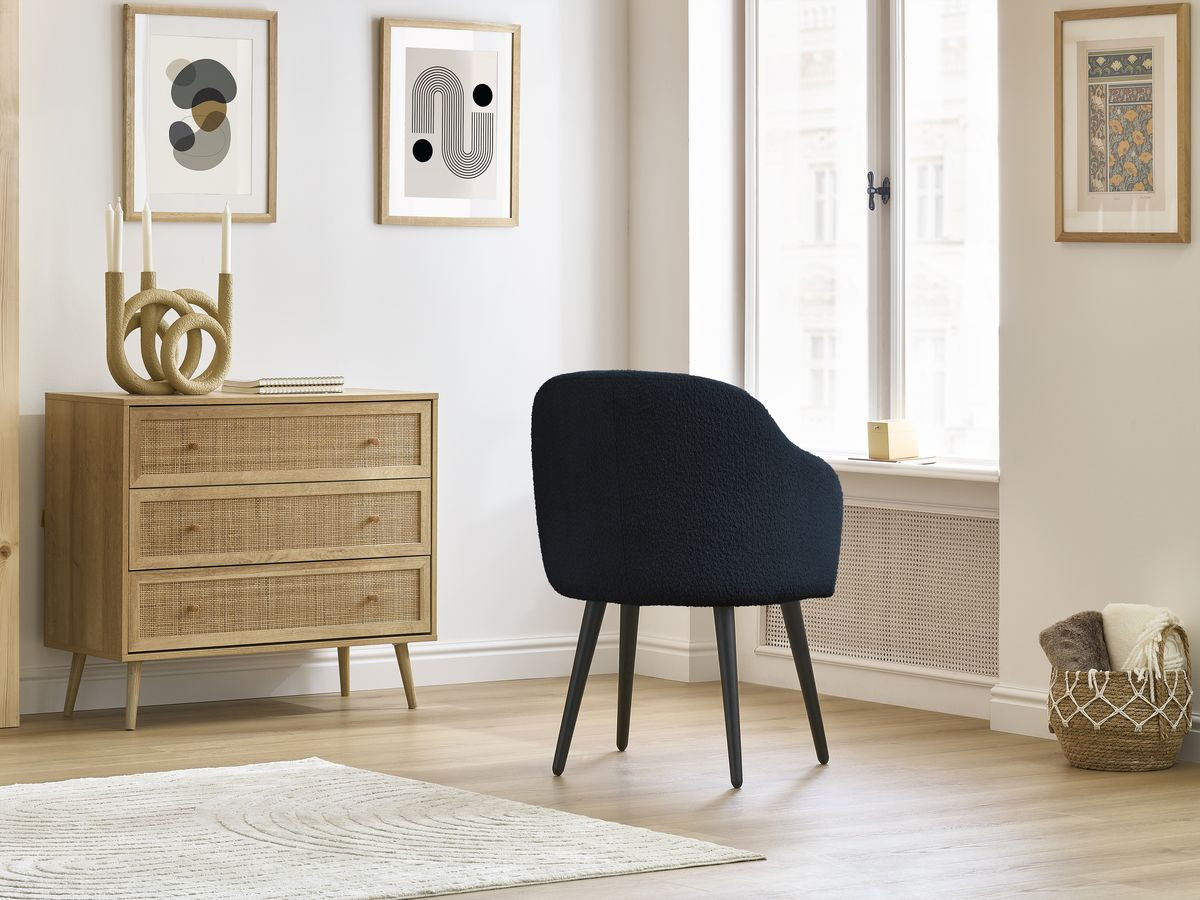 Bobochic Sophie Esszimmerstuhl 4er-Set mit skandinavischen Beinen, schwarz Bouclé-Stoff Dunkelblau
