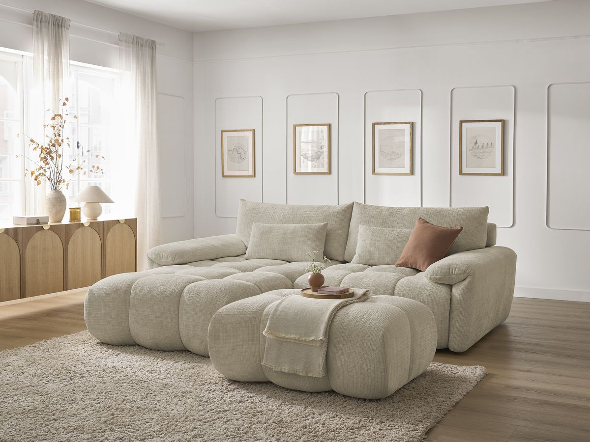 Bobochic Ivane Ecksofa mit Pouf Strukturstoff Beige Ecke links