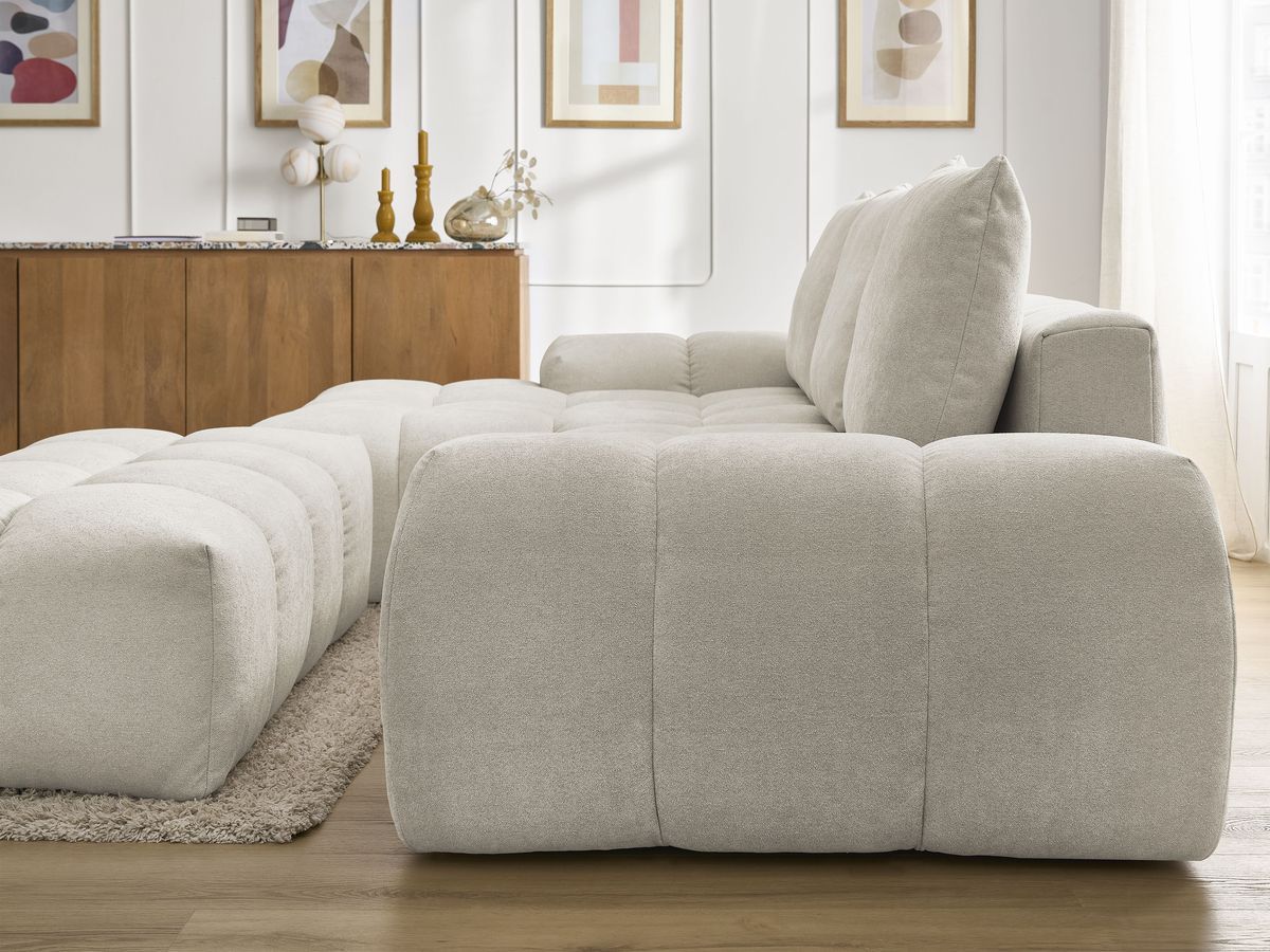 Bobochic Everest Ecksofa mit Schlaffunktion und Bettkasten und Pouf 318 × 180 cm, 3 Kissen Strukturstoff Beige Ecke links