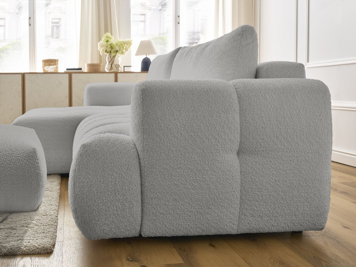 Bobochic Fuji Ecksofa mit Schlaffunktion und Bettkasten und Pouf 292 × 160 cm Bouclé-Stoff Hellgrau Ecke links
