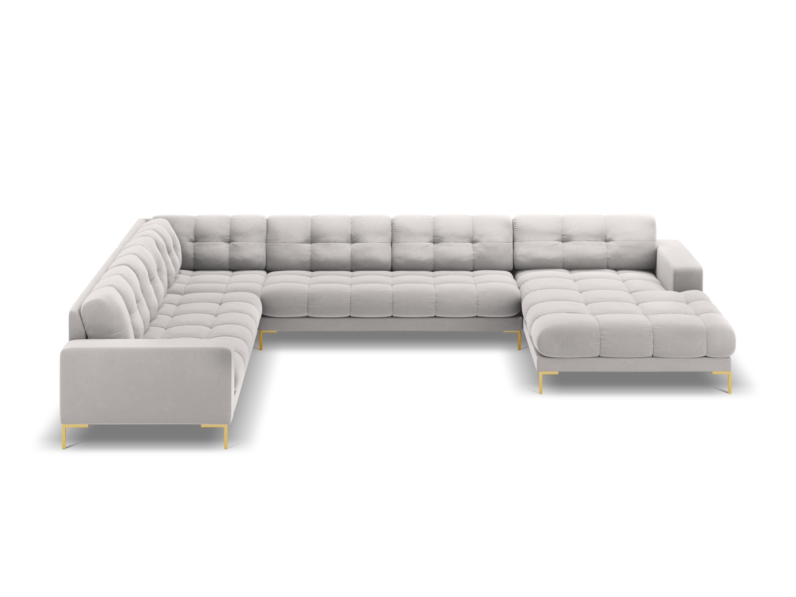 Cosmopolitan Design Panoramasofa Bali 7-Sitzer 327 cm Samt Bluvel Silber Links Beine Gold