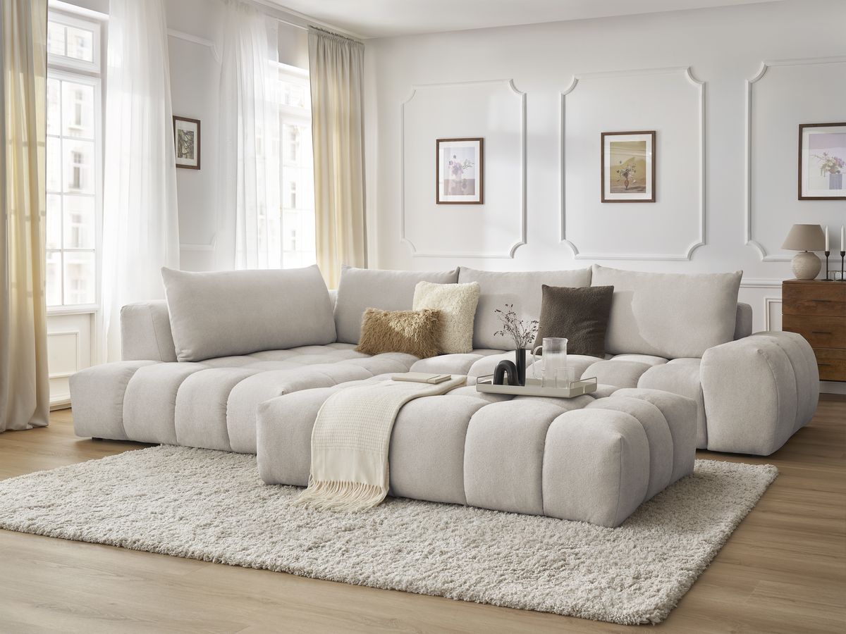 Bobochic Everest Ecksofa mit Schlaffunktion und Pouf, 4 Kissen Strukturstoff Beige Ecke links