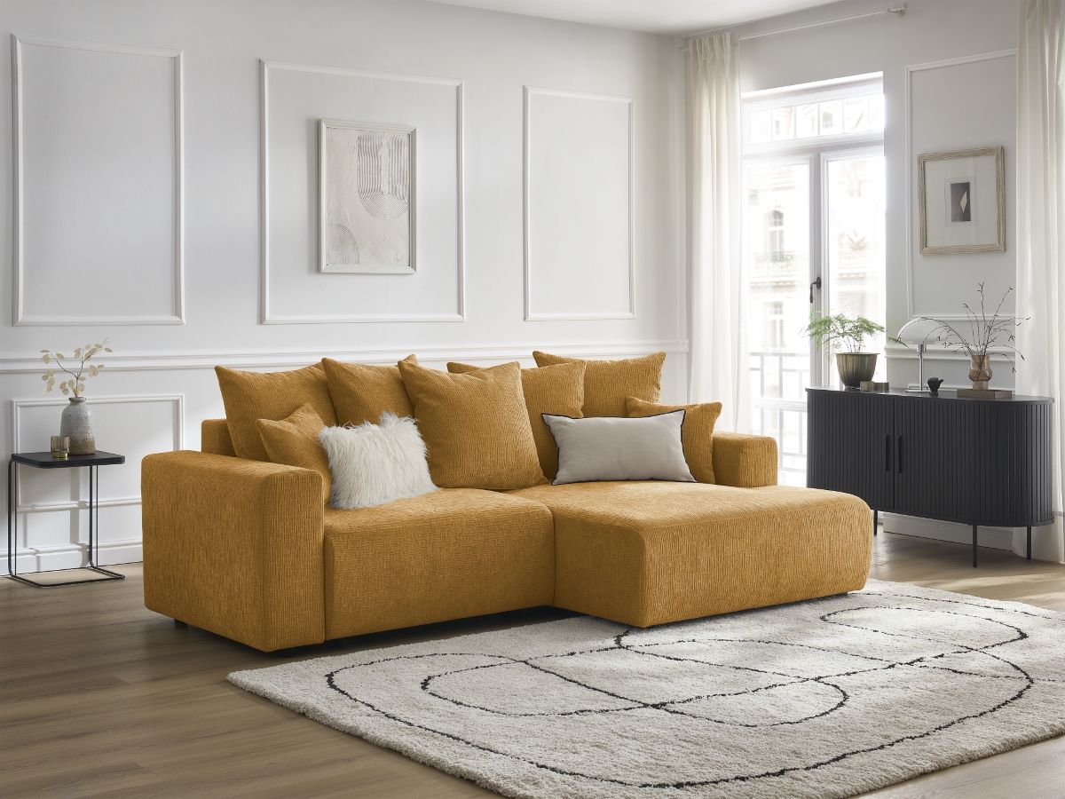 Bobochic Atilla Ecksofa mit Schlaffunktion und Bettkasten Strukturstoff Gelb Ecke rechts