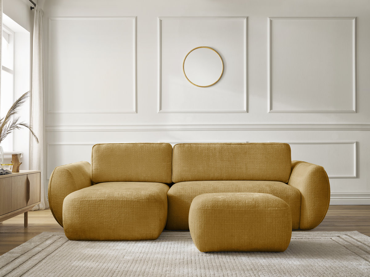Bobochic Denise Ecksofa mit Schlaffunktion und Bettkasten und Pouf 258 × 160 cm Strukturstoff Gelb Ecke links