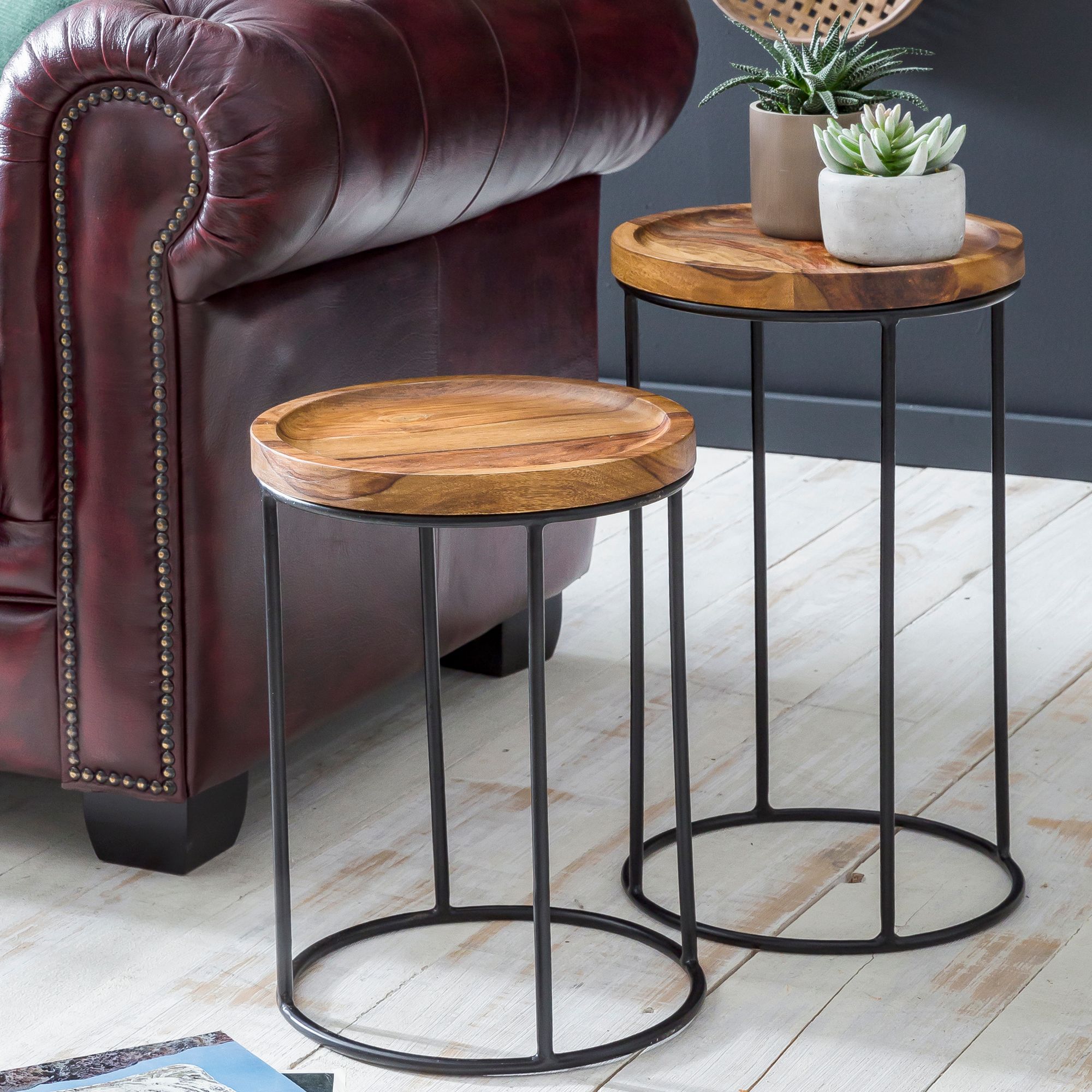 Satztisch 2er-Set Fredskov Sheesham Massivholz Ø 30 cm