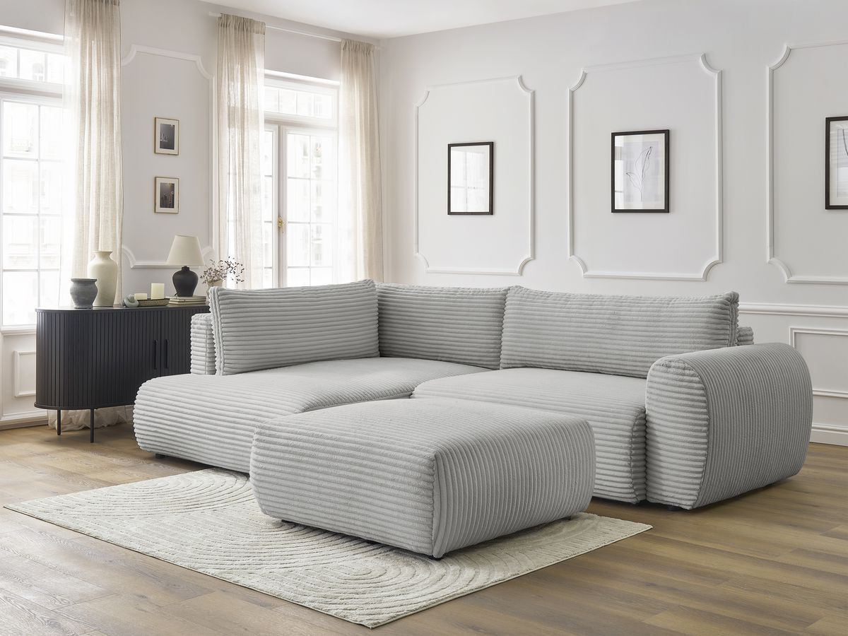 Bobochic Lucien Ecksofa mit Schlaffunktion und Bettkasten und Pouf 296 × 198 cm Breitcord weich Hellgrau Ecke links
