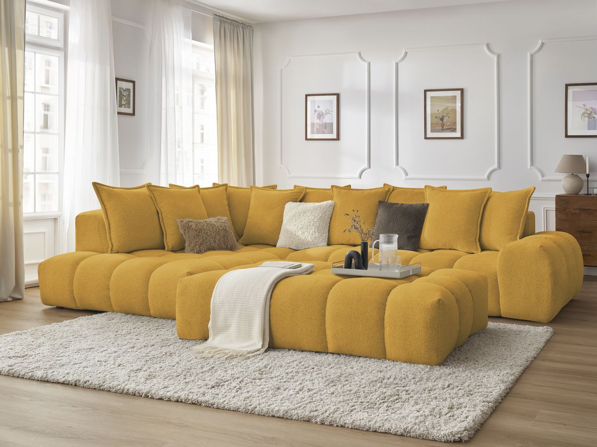Bobochic Everest Ecksofa mit Schlaffunktion und Pouf, 10 Kissen Melange-Stoff Gelb Ecke links