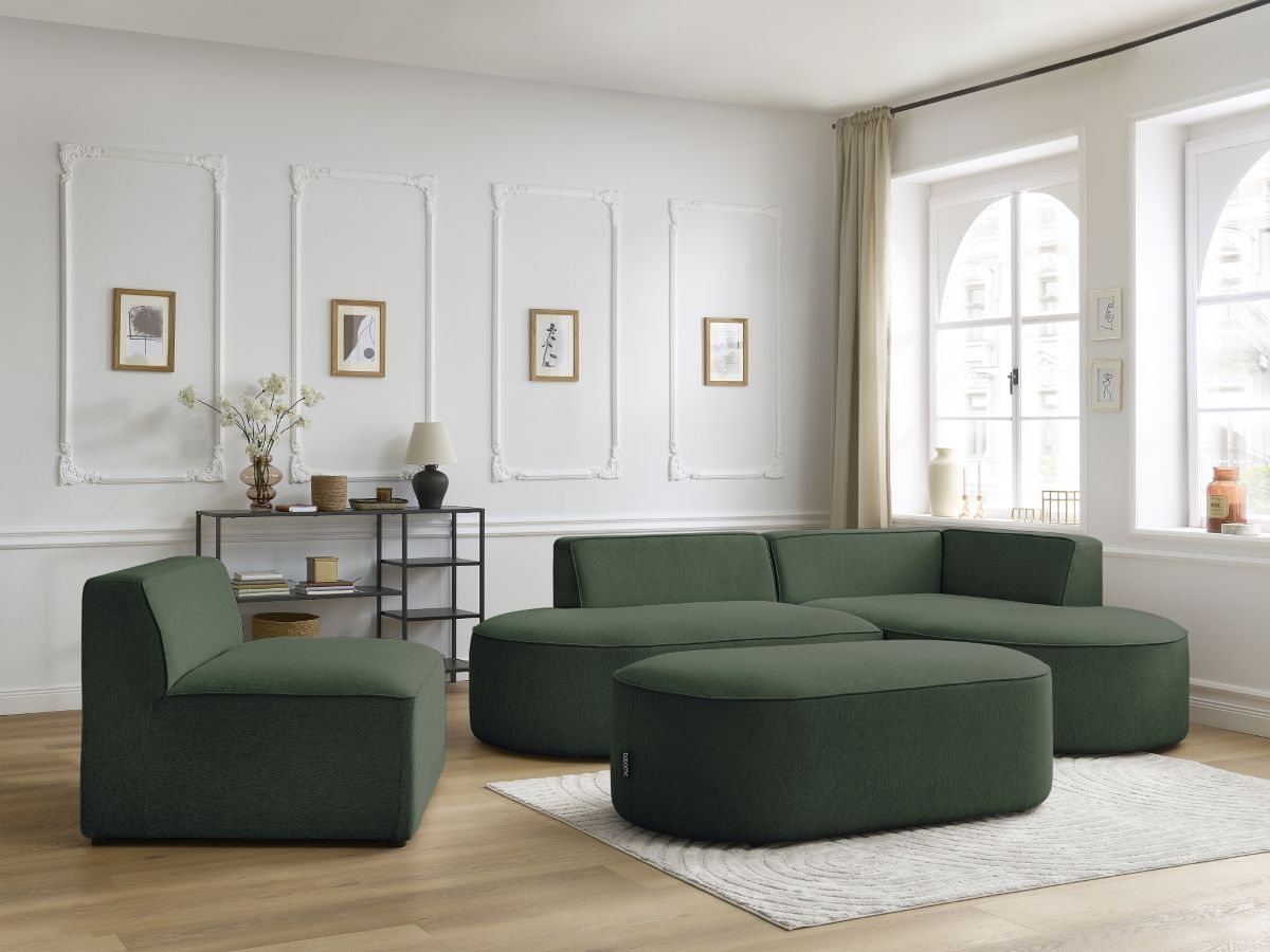 Bobochic Rousseau Ecksofa mit Sofamodul und Pouf Melange-Stoff Grün Ecke rechts