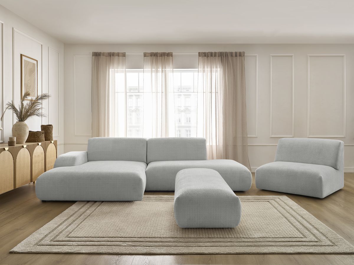 Bobochic Sirius Ecksofa mit Pouf 405 × 170 cm Strukturstoff Hellgrau Ecke links