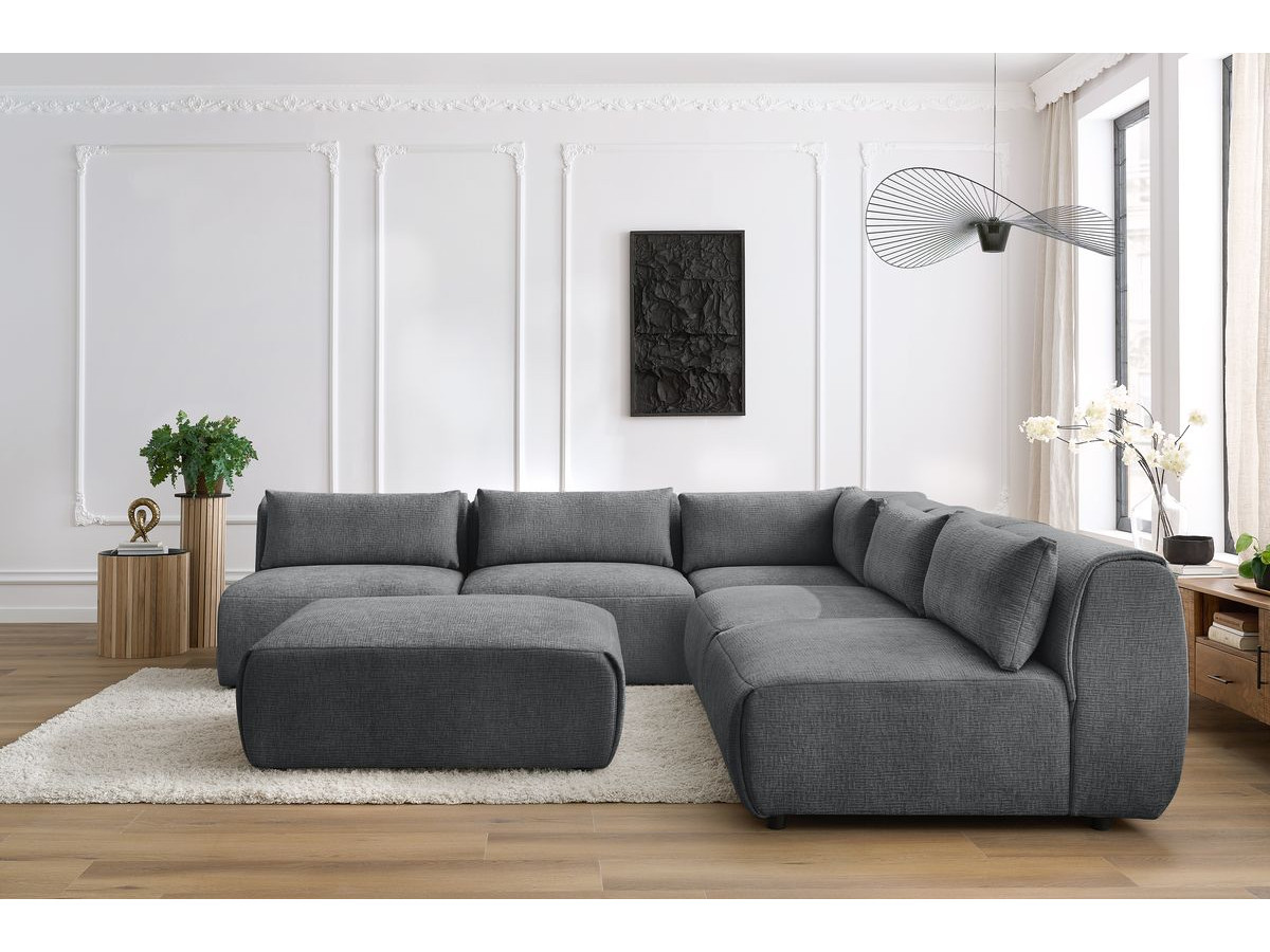Bobochic Jeanne Ecksofa mit Pouf Strukturstoff Dunkelgrau