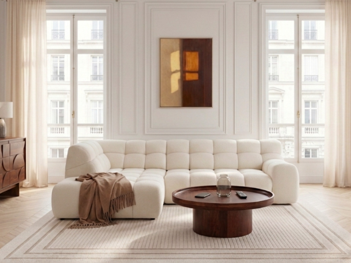 Bobochic Andre Ecksofa mit Schlaffunktion Chenille Weiß Ecke links