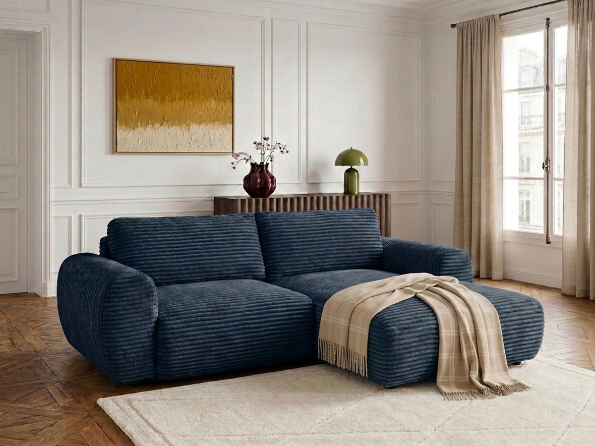Bobochic Lucien Ecksofa mit Schlaffunktion und Bettkasten Breitcord weich Dunkelblau Ecke rechts