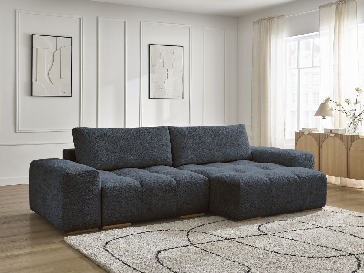Bobochic Anakin Ecksofa mit Schlaffunktion und Bettkasten, 2 Kissen Bouclé-Stoff Dunkelblau