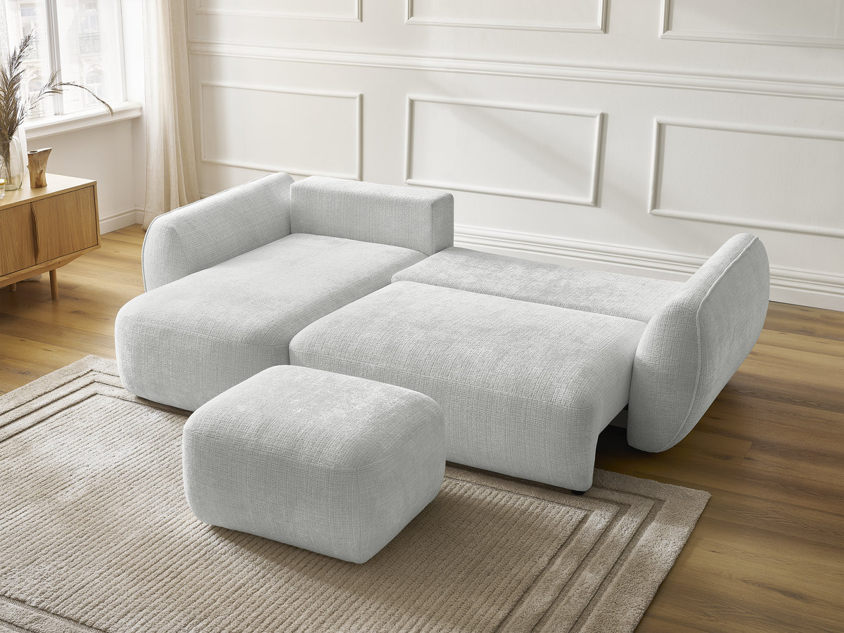 Bobochic Denise Ecksofa mit Schlaffunktion und Bettkasten und Pouf 258 × 160 cm Strukturstoff Hellgrau Ecke links