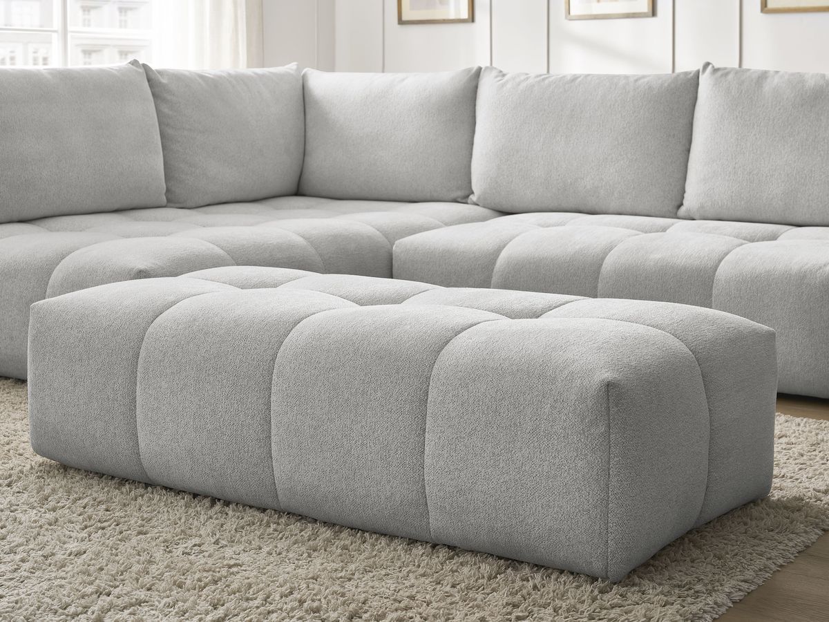 Bobochic Everest Ecksofa mit Schlaffunktion und Bettkasten und Pouf 320 × 212 cm, 5 Kissen Melange-Stoff Hellgrau Ecke links