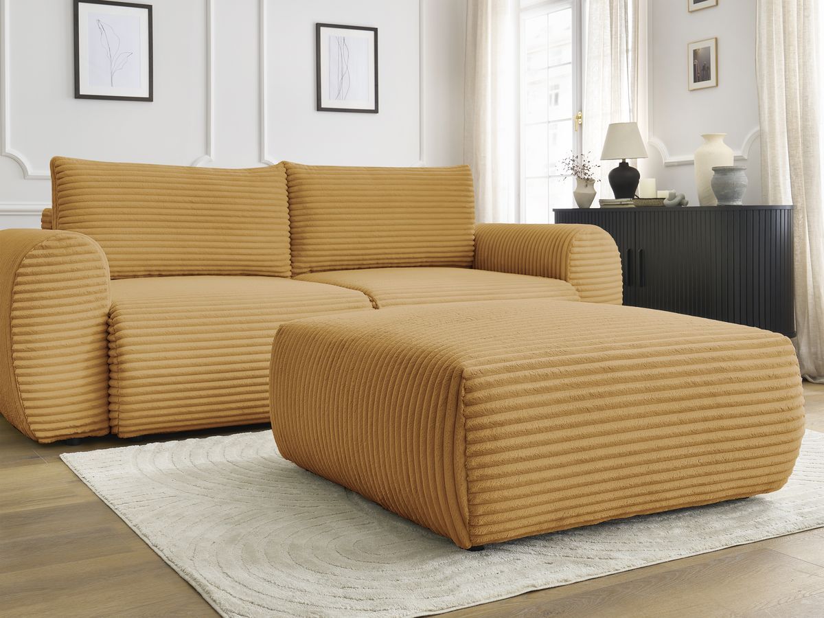 Bobochic Lucien Schlafsofa 4-Sitzer mit Bettkasten und Pouf Breitcord weich Gelb