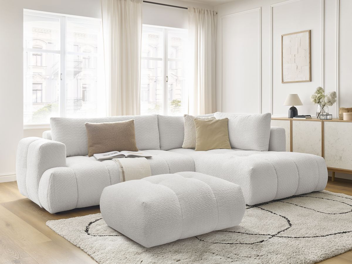 Bobochic Fuji Ecksofa mit Schlaffunktion und Bettkasten und Pouf 282 × 204 cm Bouclé-Stoff Weiß Ecke rechts