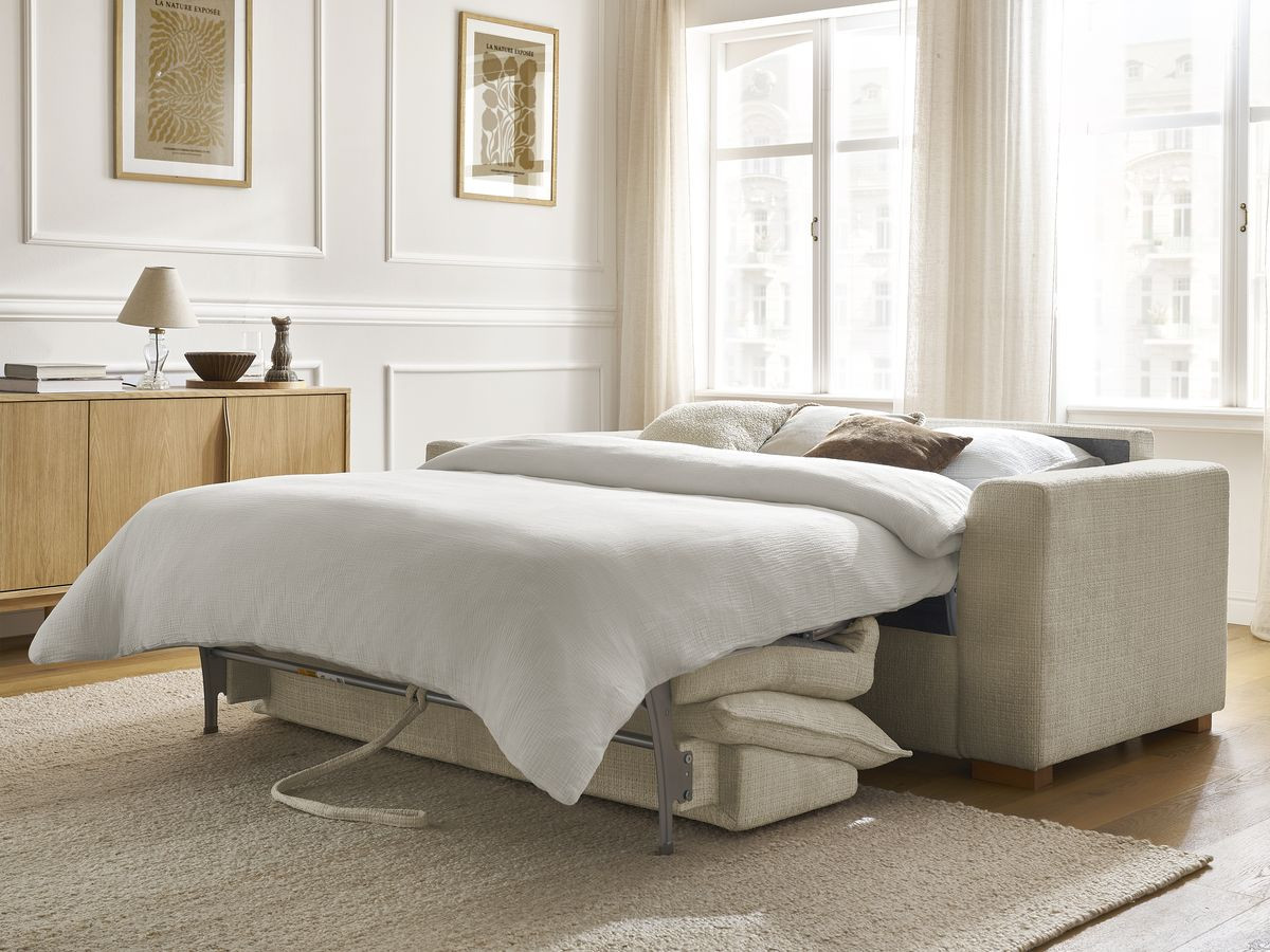Bobochic Augustin Schlafsofa 3-Sitzer Strukturstoff Beige, Liegefläche 140 × 200 cm