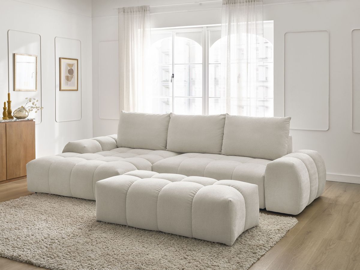 Bobochic Everest Ecksofa mit Schlaffunktion und Bettkasten und Pouf 318 × 180 cm, 3 Kissen Strukturstoff Weiß Ecke links