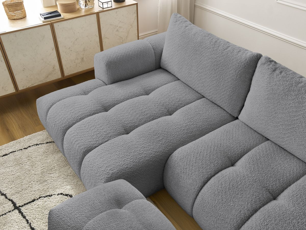 Bobochic Fuji Ecksofa mit Schlaffunktion und Bettkasten und Pouf 292 × 160 cm Bouclé-Stoff Dunkelgrau Ecke links