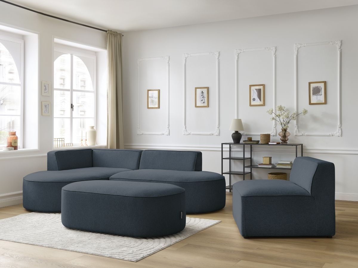 Bobochic Rousseau Ecksofa mit Sofamodul und Pouf Melange-Stoff Dunkelblau Ecke links