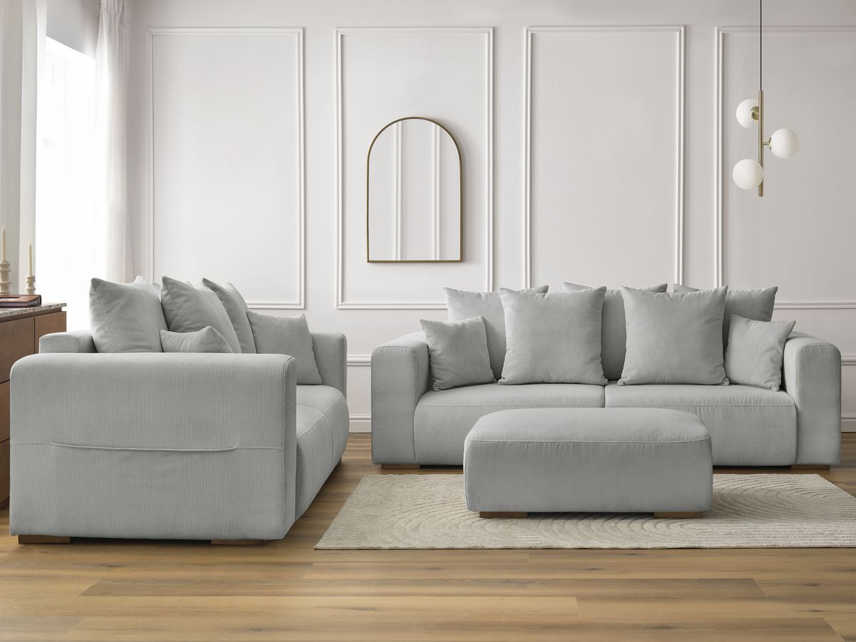 Bobochic Sidonie Sofa 6-Sitzer mit Pouf Cordsamt Hellgrau