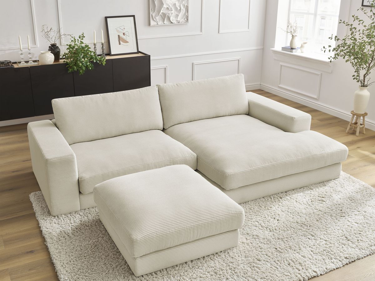 Bobochic Leonard Ecksofa mit Pouf 274 × 159 cm Cordsamt Beige Ecke rechts