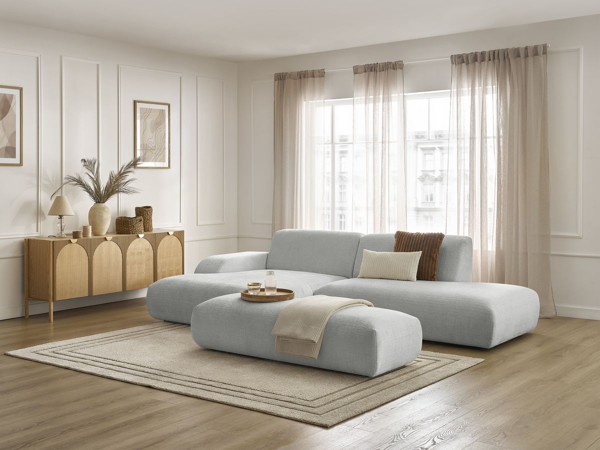 Bobochic Sirius Ecksofa mit Pouf 300 × 170 cm Strukturstoff Hellgrau Ecke links